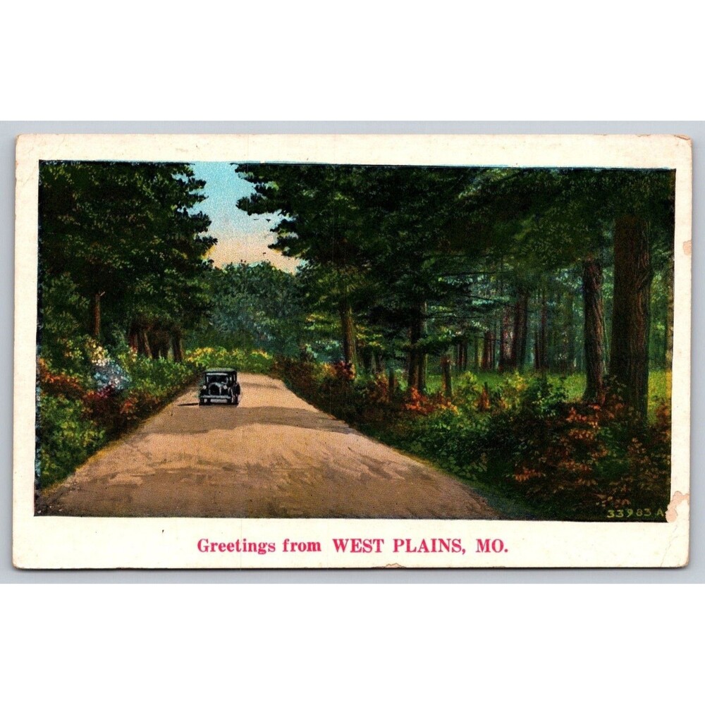 Vintage 1930s Postcard West Plains Missouri MO Scenic Road Old Car White Border